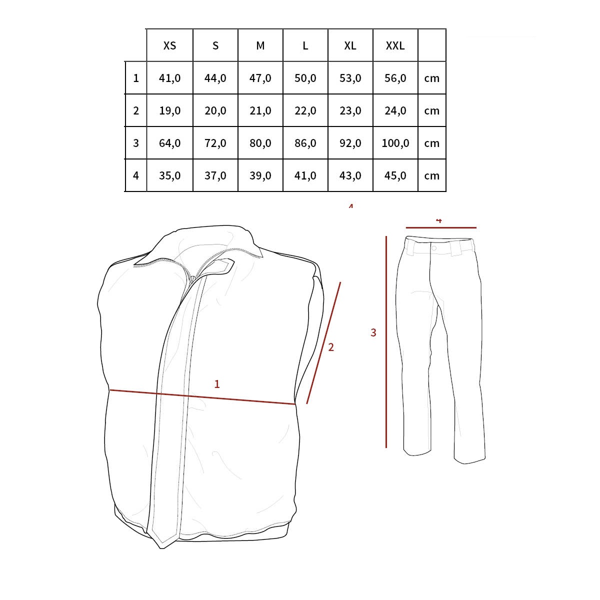 Size chartKomplet dětský vesta+kalhoty tabulka