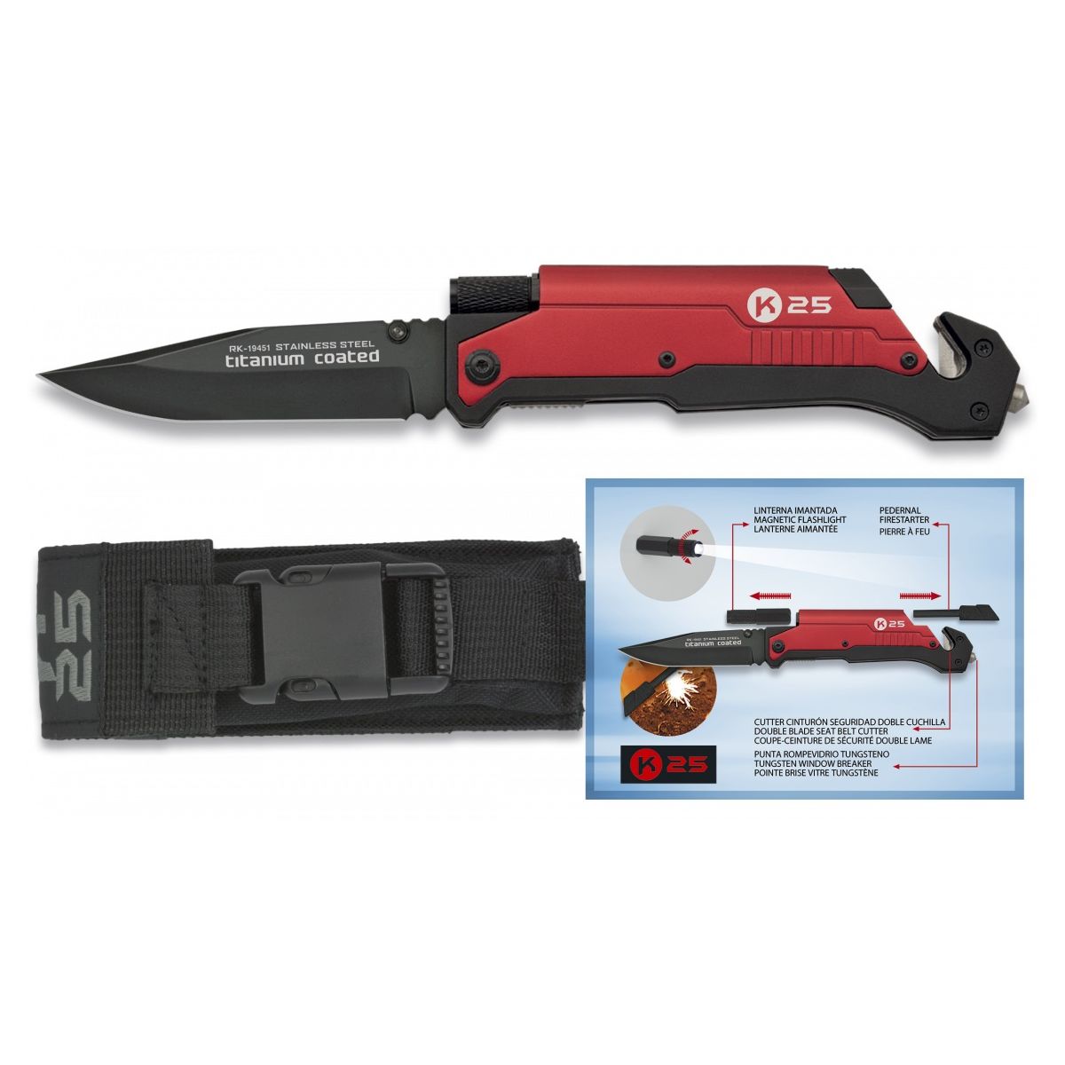 Pocket Knife 19451 with firestarter and flashlight RED K25 19451 L-11