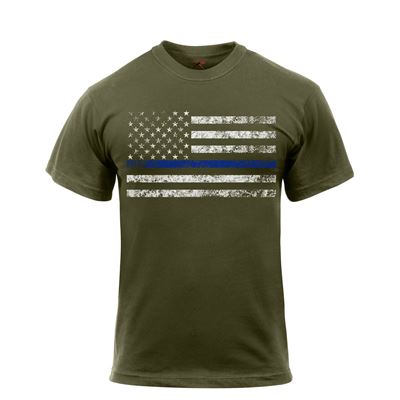 Thin BLUE LINE SHIELD T-Shirt US flag OLIVE DRAB