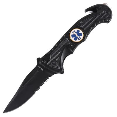 Folding knife with pocket clip and handle incisors in RESCUE