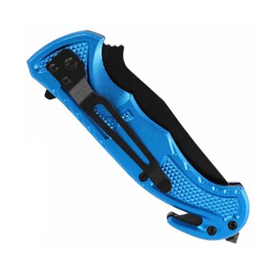 Folding knife with pocket clip and handle incisors in RESCUE BLUE