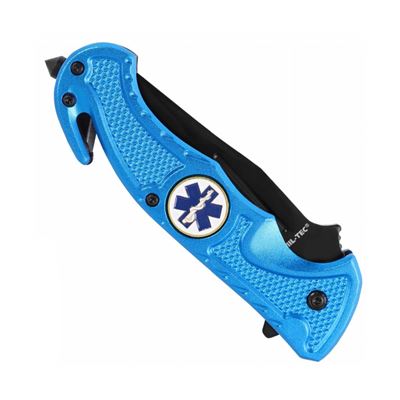 Folding knife with pocket clip and handle incisors in RESCUE BLUE
