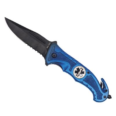 Folding knife with pocket clip and handle incisors in RESCUE BLUE