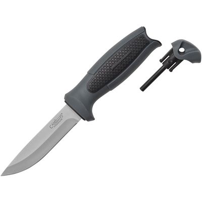 Fixed blade knife with fire starter