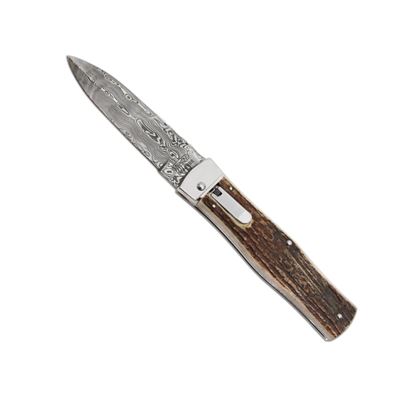 Ejecting knife DAMASCUS STEEL/DEER HORN