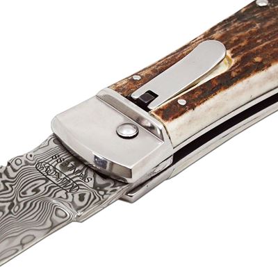 Ejecting knife DAMASCUS STEEL/DEER HORN