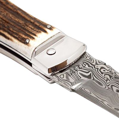 Ejecting knife DAMASCUS STEEL/DEER HORN