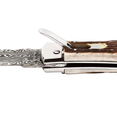 Ejecting knife DAMASCUS STEEL/DEER HORN