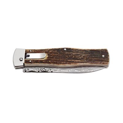 Ejecting knife DAMASCUS STEEL/DEER HORN