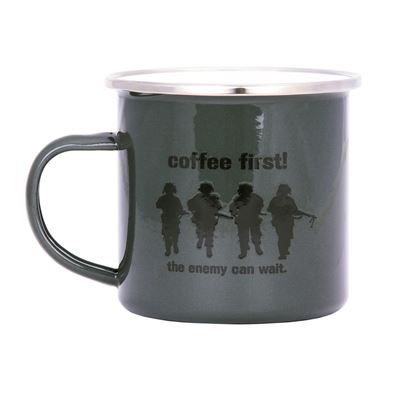 Enamel mug Coffee First! 300 ml GREEN