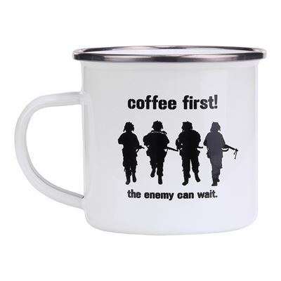 Enamel mug Coffee First! 300 ml WHITE