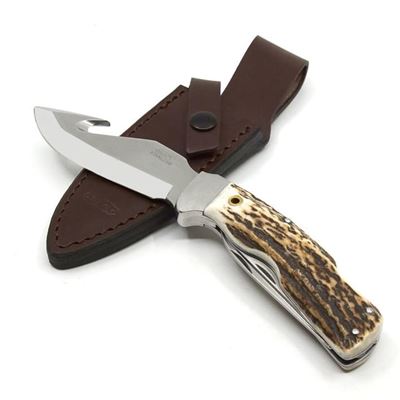 Stainless steel hunting knife with a fixed blade antler handle