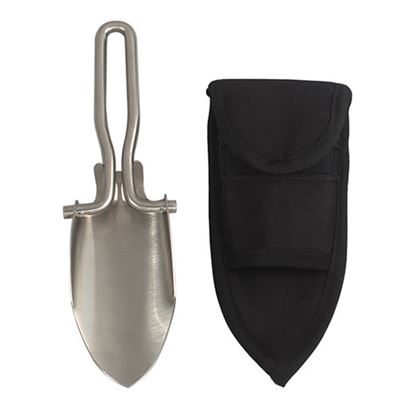 Stainless steel folding shovel with black pouch