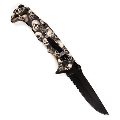 SKULL knife with clip black blade serrated blade