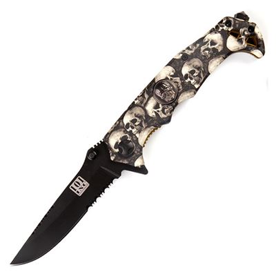 SKULL knife with clip black blade serrated blade