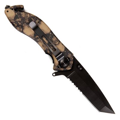 SKULL knife with clip black tanto blade serrated blade