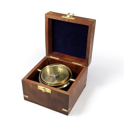 LARGE BRASS compass in a wooden box