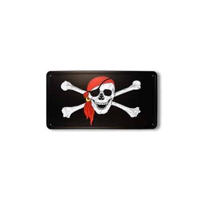 Metal pirate skull sign with a scarf
