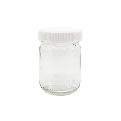 130 ml wide-necked glass bottle with white plastic cap