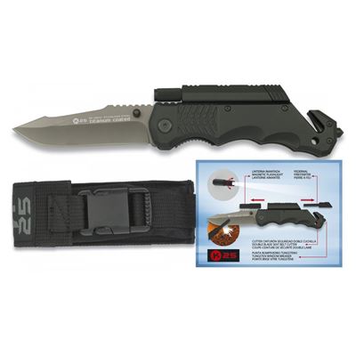 Pocket Knife with firestarter and flashlight BLACK